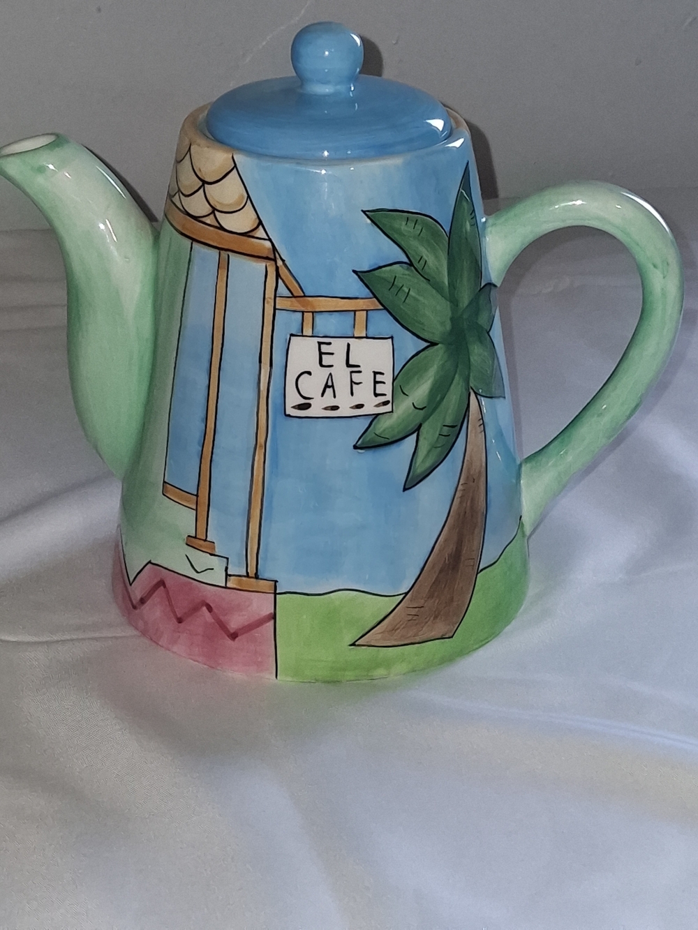 Hand-Painted 'El Cafe' Decorative Teapot - Blue & Green